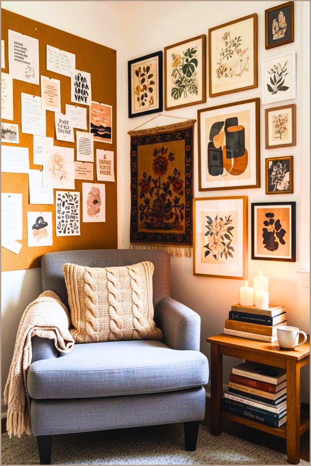 Cozy Reading Corner With Grey Armchair Beige Knitted