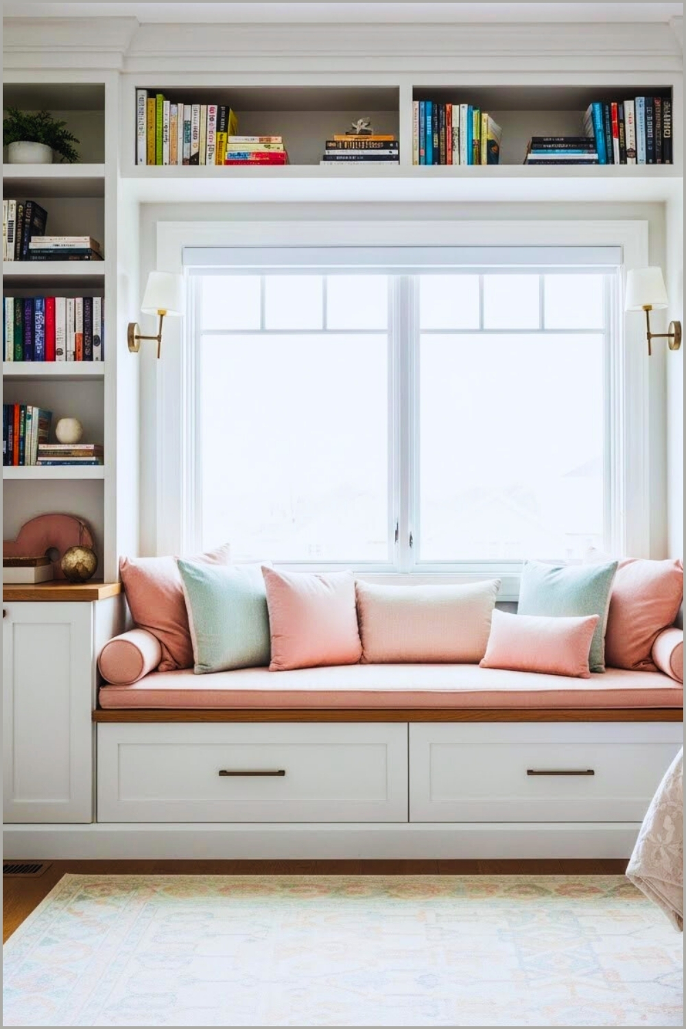 Cozy Reading Nook Bedroom Built In Shelves Filled With Books