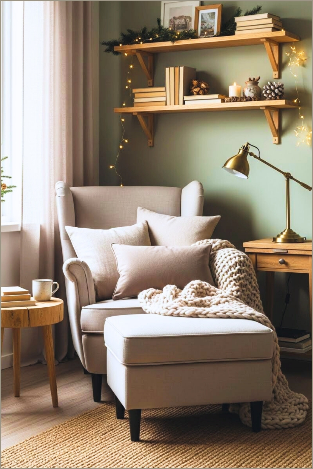 Cozy winter bedroom with sheer canopy curtains draped around the bed, soft flowing white fabric, layered neutral bedding with chunky knit blankets and plush pillows, warm ambient lighting, subtle fairy lights woven into curtains, rustic wooden nightstand with natural decor, faux fur rug on dark wood floor, fireplace glow in the background, calm evening atmosphere, romantic hygge interior, Scandinavian-inspired winter decor, ultra-realistic interior photography, soft shadows, warm tones, inviting and serene mood --ar 2:3 --v 6 --style raw --q 2