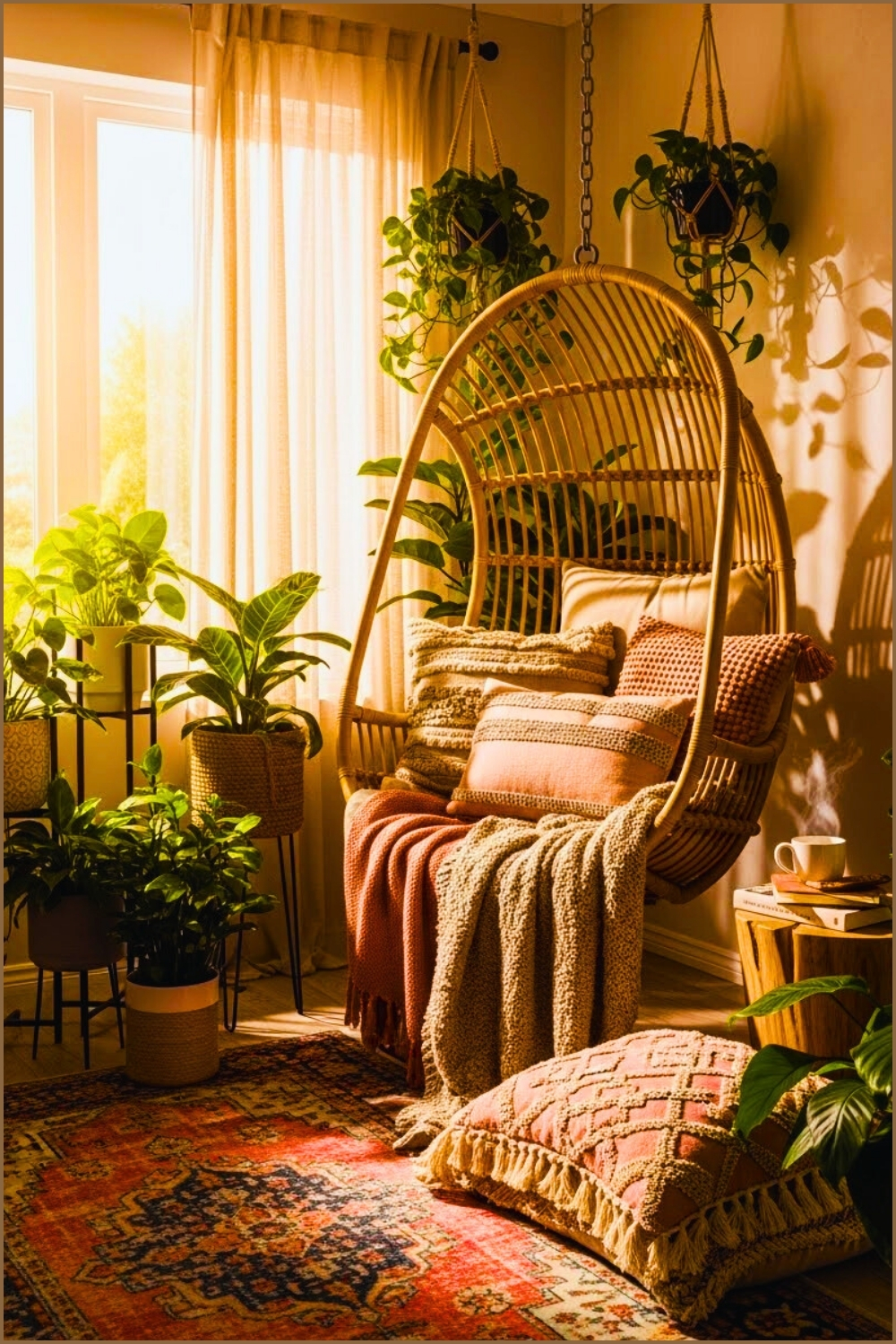 Cozy Reading Nook With Hanging Rattan Chair Textured Pillows