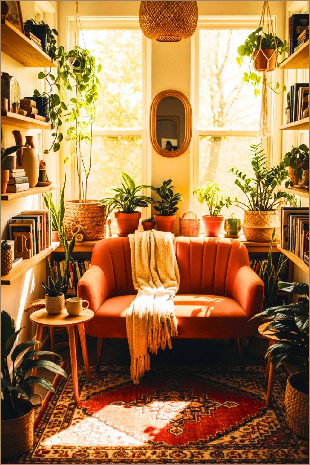 Cozy Reading Nook With Orange Loveseat Lush Indoor Plants