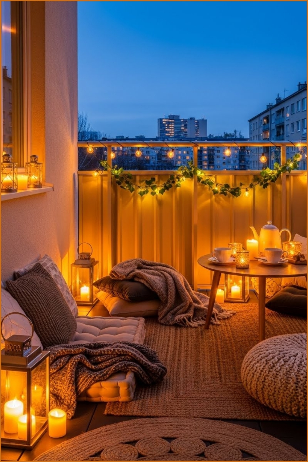 Cozy Romantic Balcony At Dusk With Glowing Lanterns And Candles