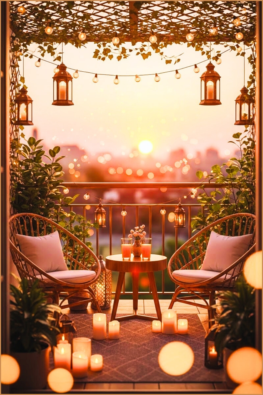 Cozy Romantic Balcony At Sunset With Hanging Lanterns