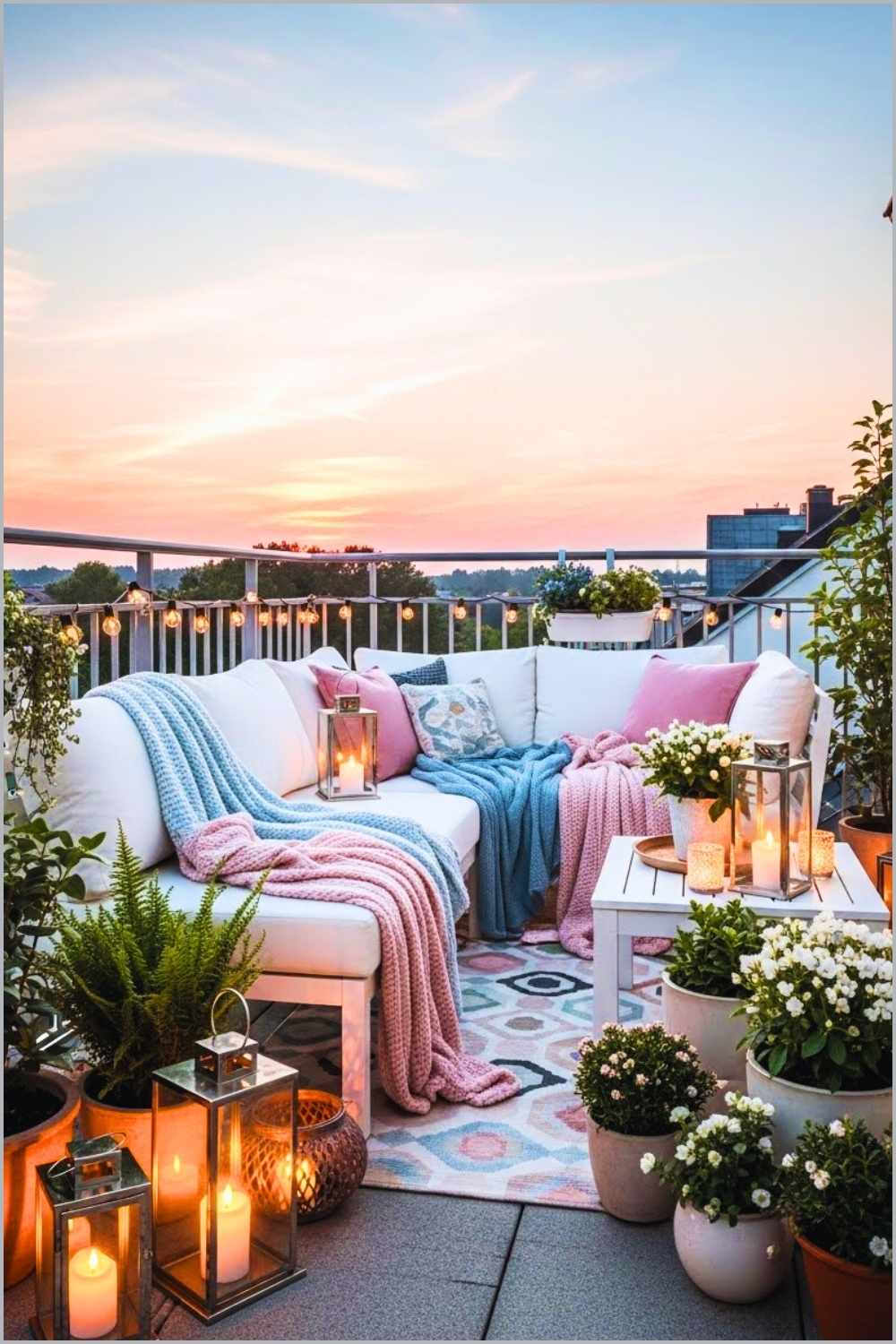 Cozy Rooftop Balcony With White Sectional Sofa Throw Blankets