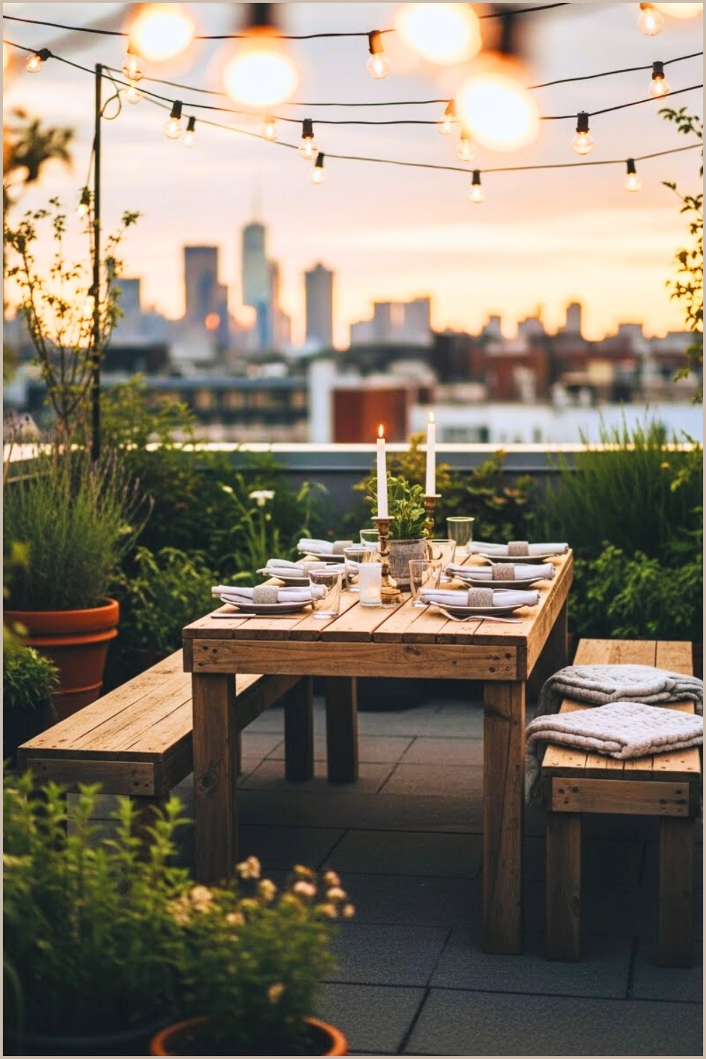 Cozy Rooftop Outdoor Dining Setup At Golden Hour