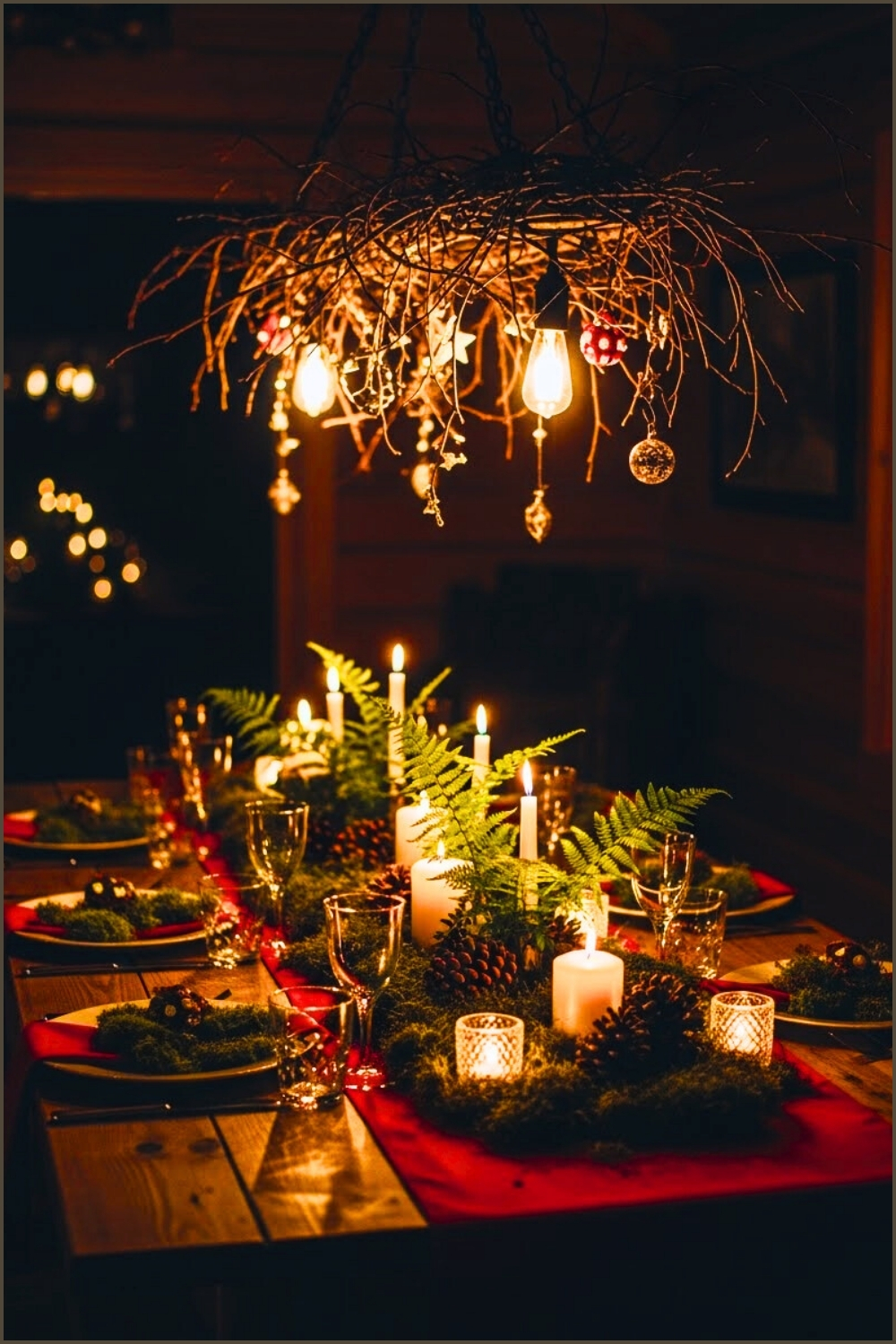 Cozy Rustic Cabin Dinner Table Red Runner Moss Branches