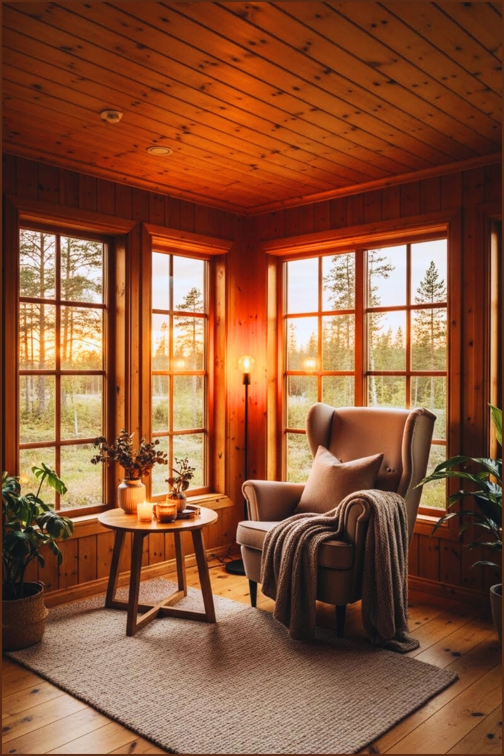 Cozy Rustic Cabin Reading Nook By Large Wooden Framed Window