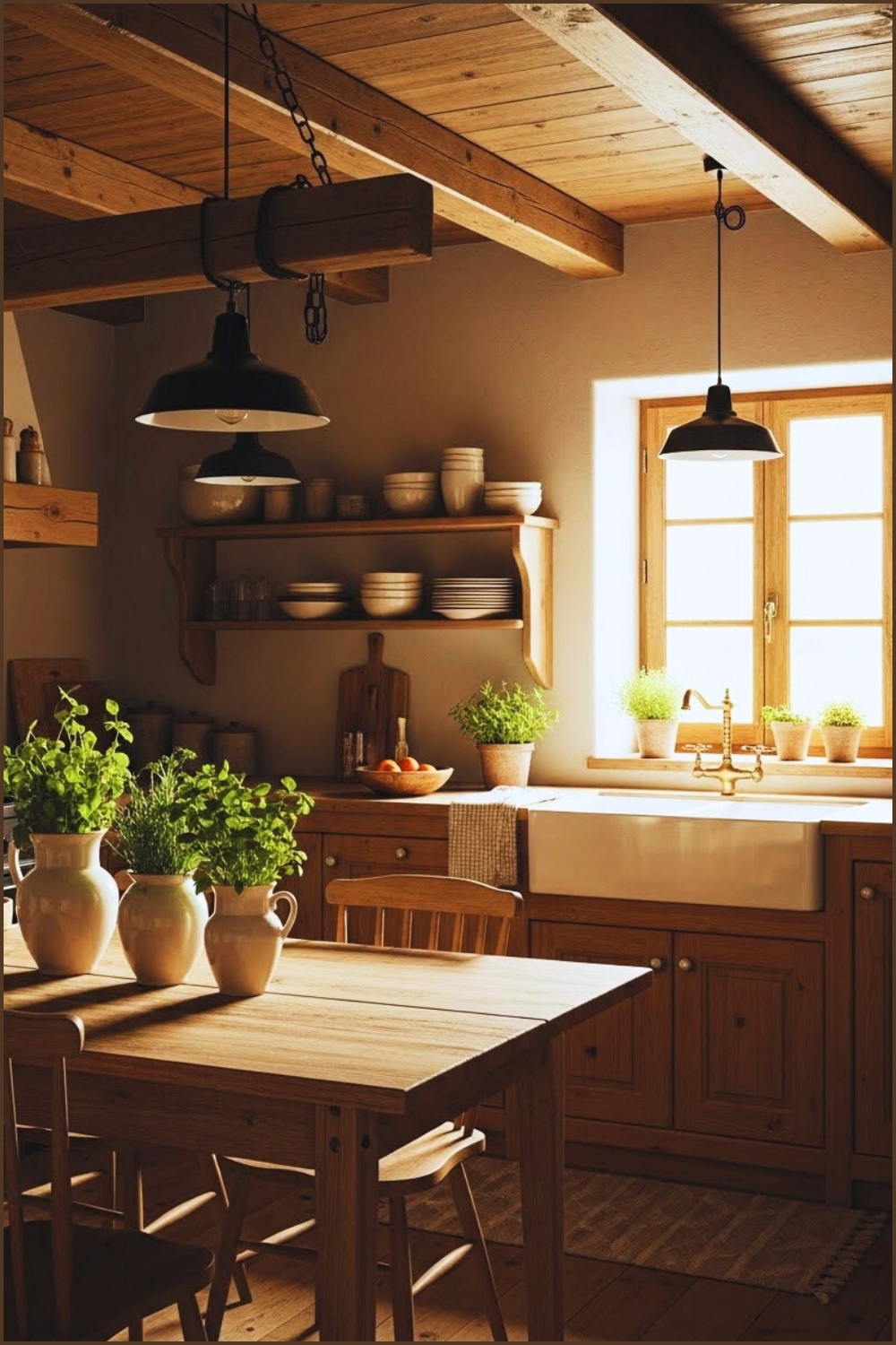 Cozy Rustic Farmhouse Kitchen Interior Warm Natural Wood