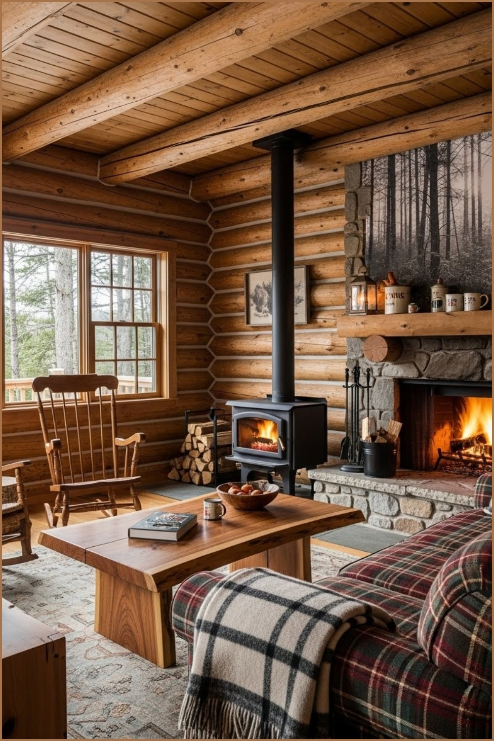 Cozy Rustic Log Cabin Living Room Interior Exposed Log Walls