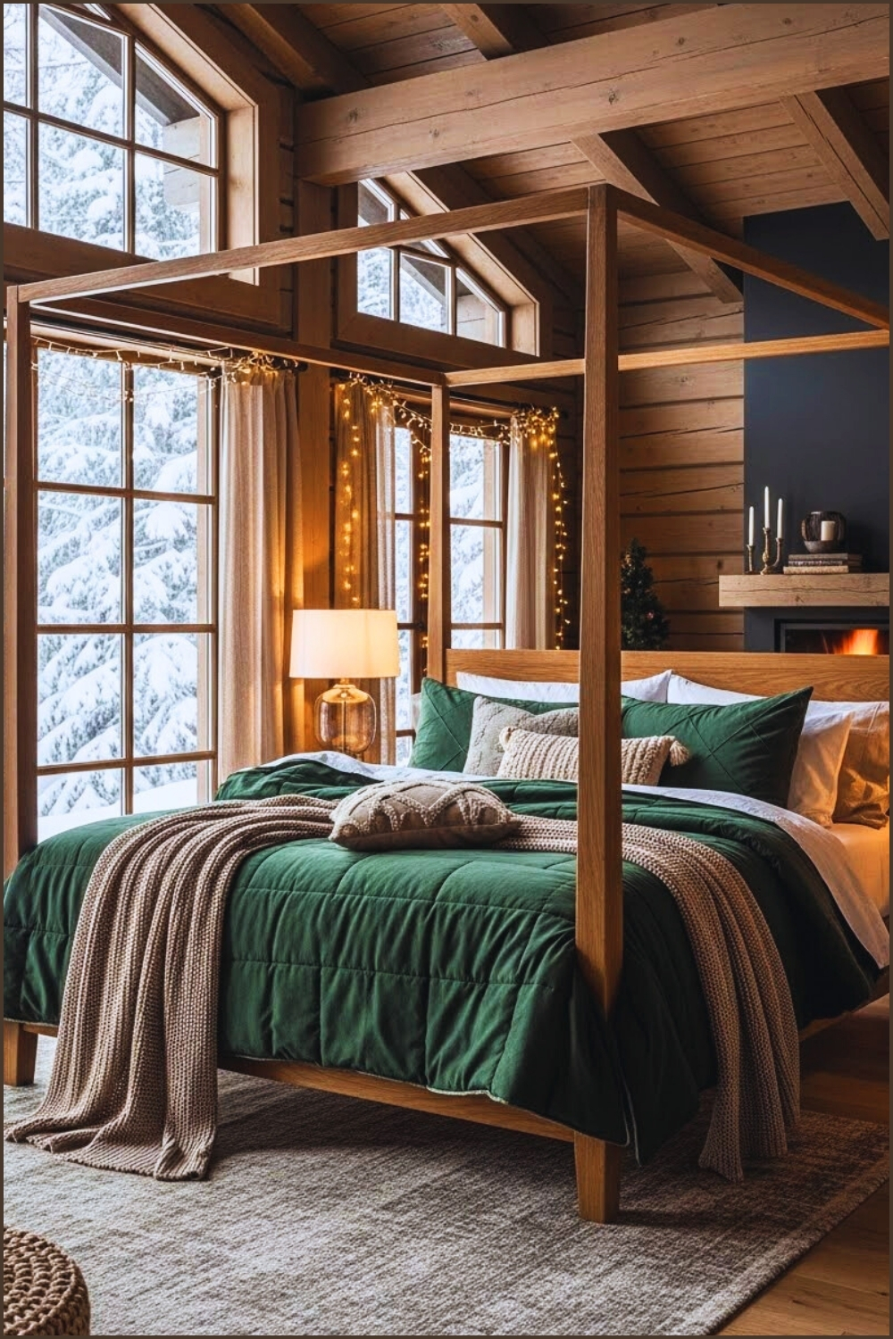 Cozy Rustic Winter Bedroom With A Wooden Four Poster Bed