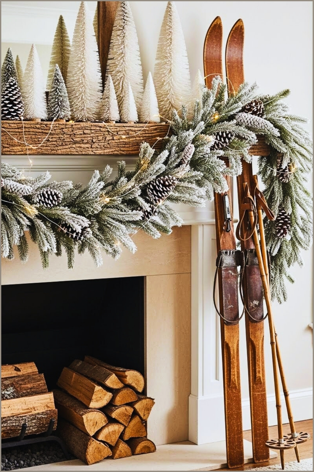 Cozy Rustic Winter Mantel Decorated With Frosted Pine Garland