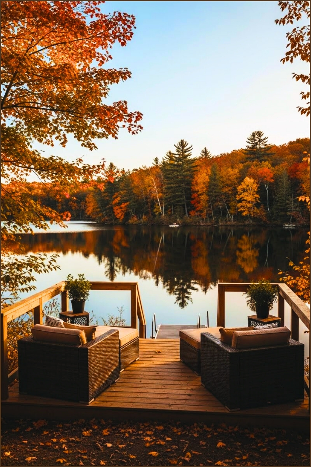 Cozy Small Deck Near Lake Surrounded By Fall Foliage