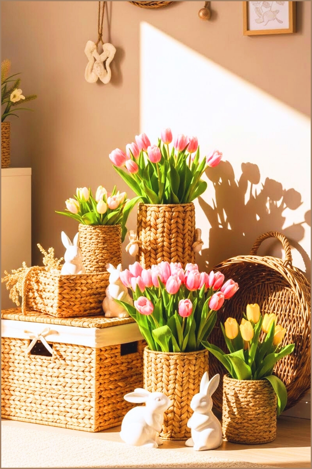 Cozy Spring Entryway Vignette Styled With Woven Wicker