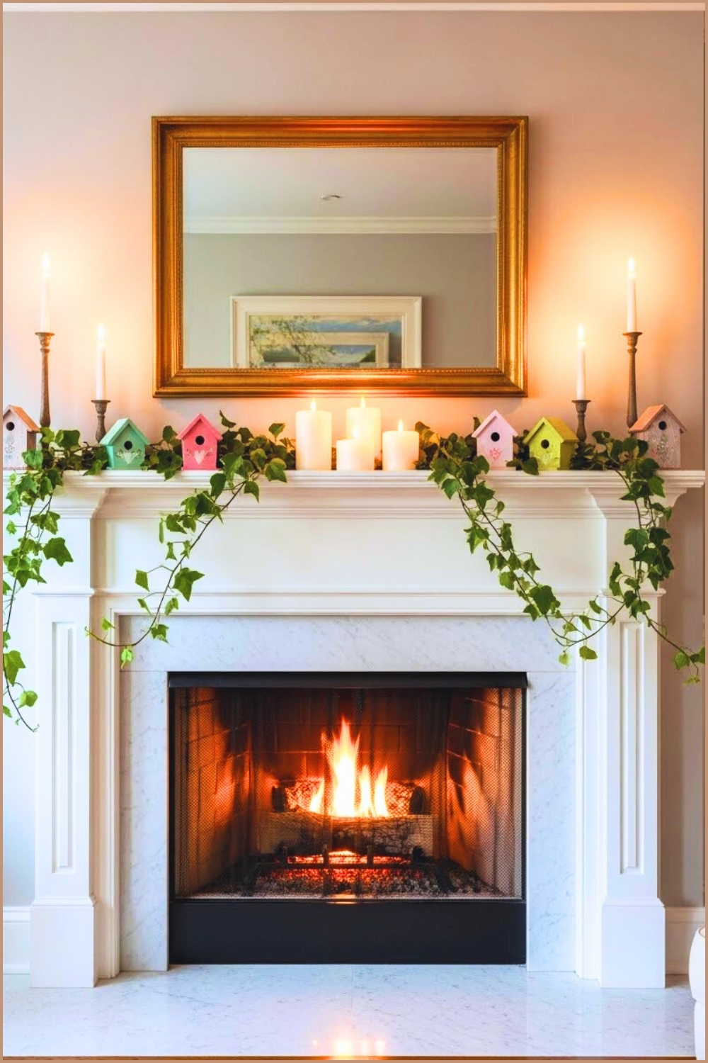 Cozy Spring Fireplace Mantel Styled With Trailing Green