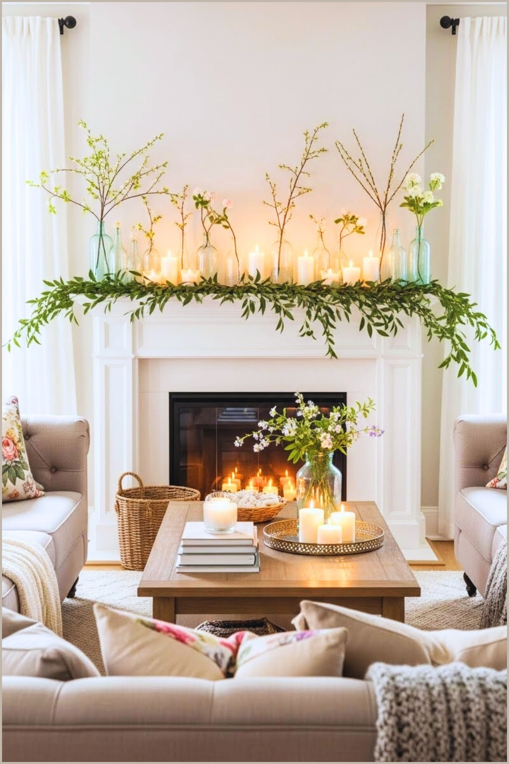 Cozy Spring Living Room With A White Fireplace Mantel Decorated