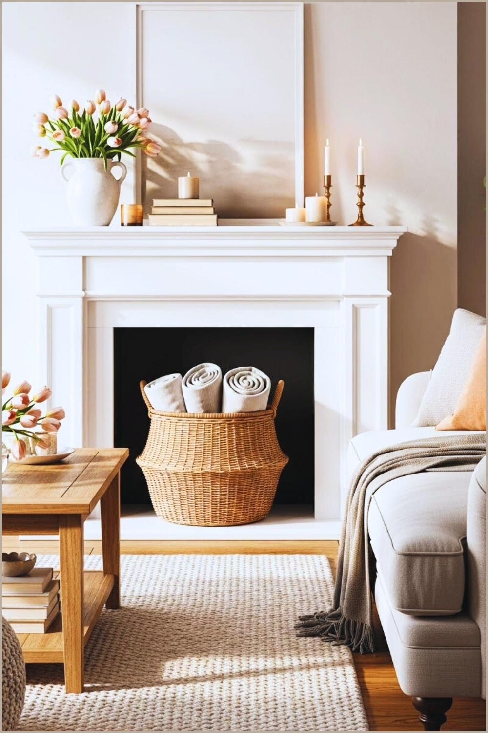 Cozy Spring Living Room With A White Fireplace Mantel Styled