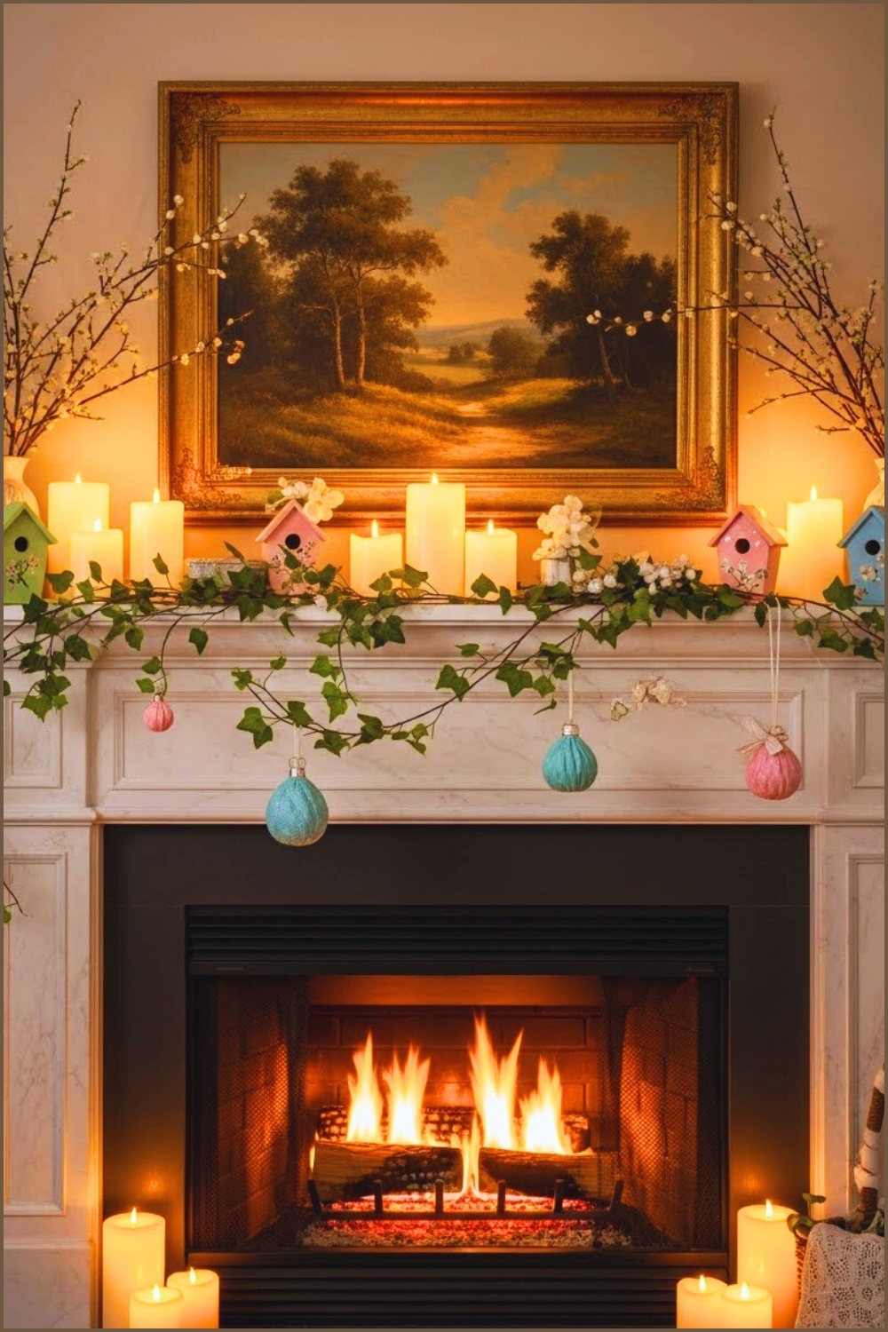 Cozy Spring Mantel Decor Above A Lit Fireplace White Marble