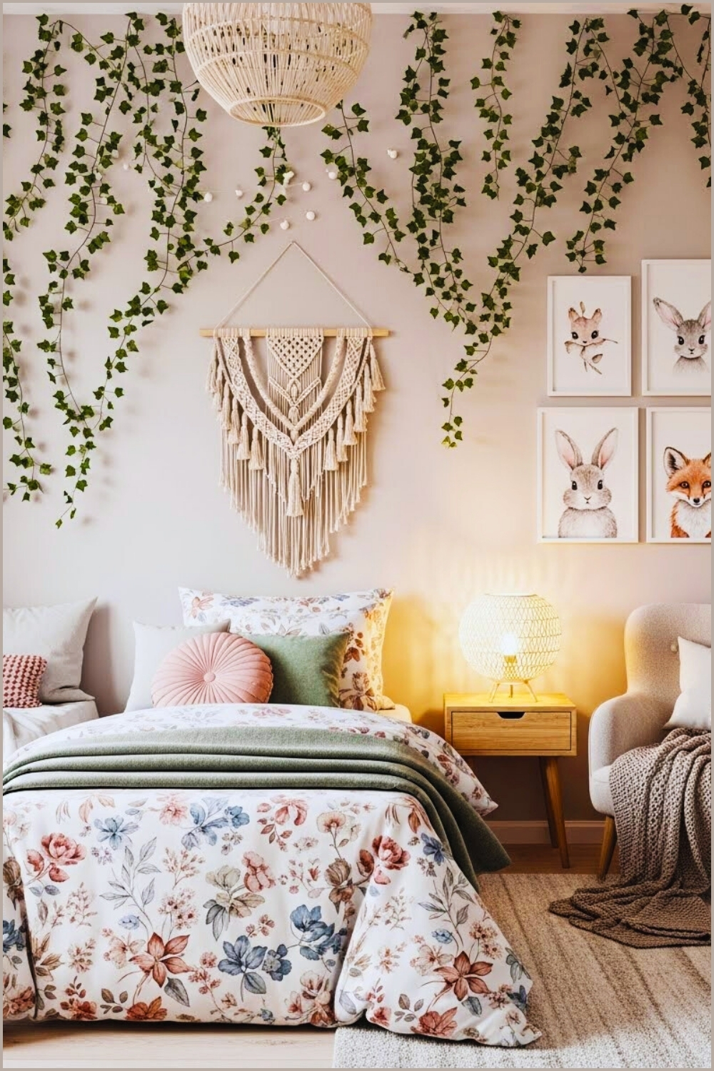 Cozy Teen Bedroom With Trailing Ivy Wall Decor Macrame Wall Hanging