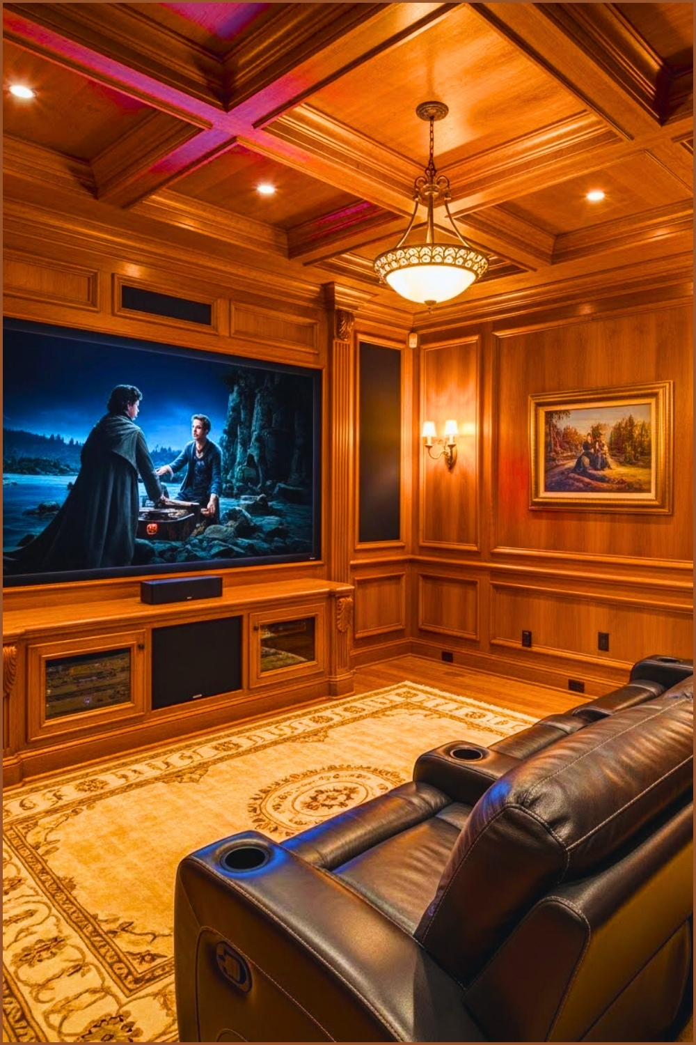Cozy Traditional Home Theater Room With Large Wall Mounted
