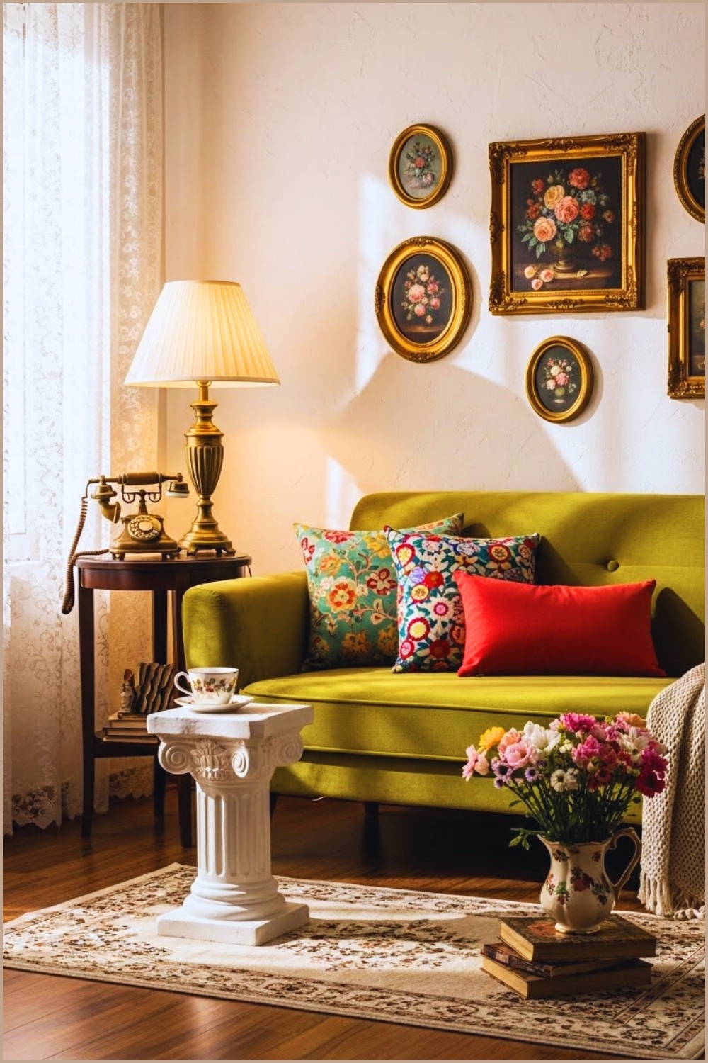 Cozy Vintage Inspired Living Room Interior With A Moss Green
