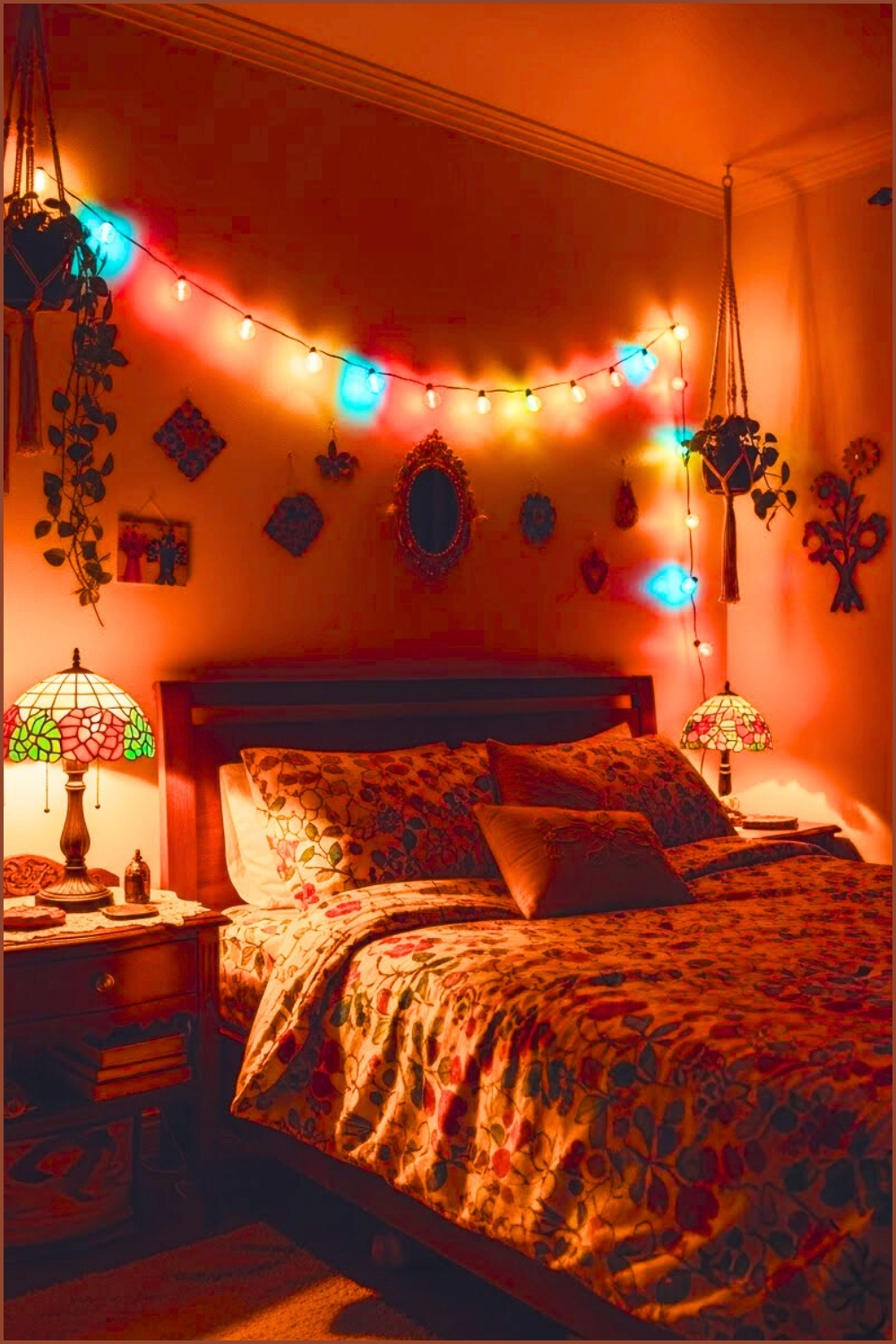 Cozy Whimsical Bedroom With Colorful String Lights Draped Across