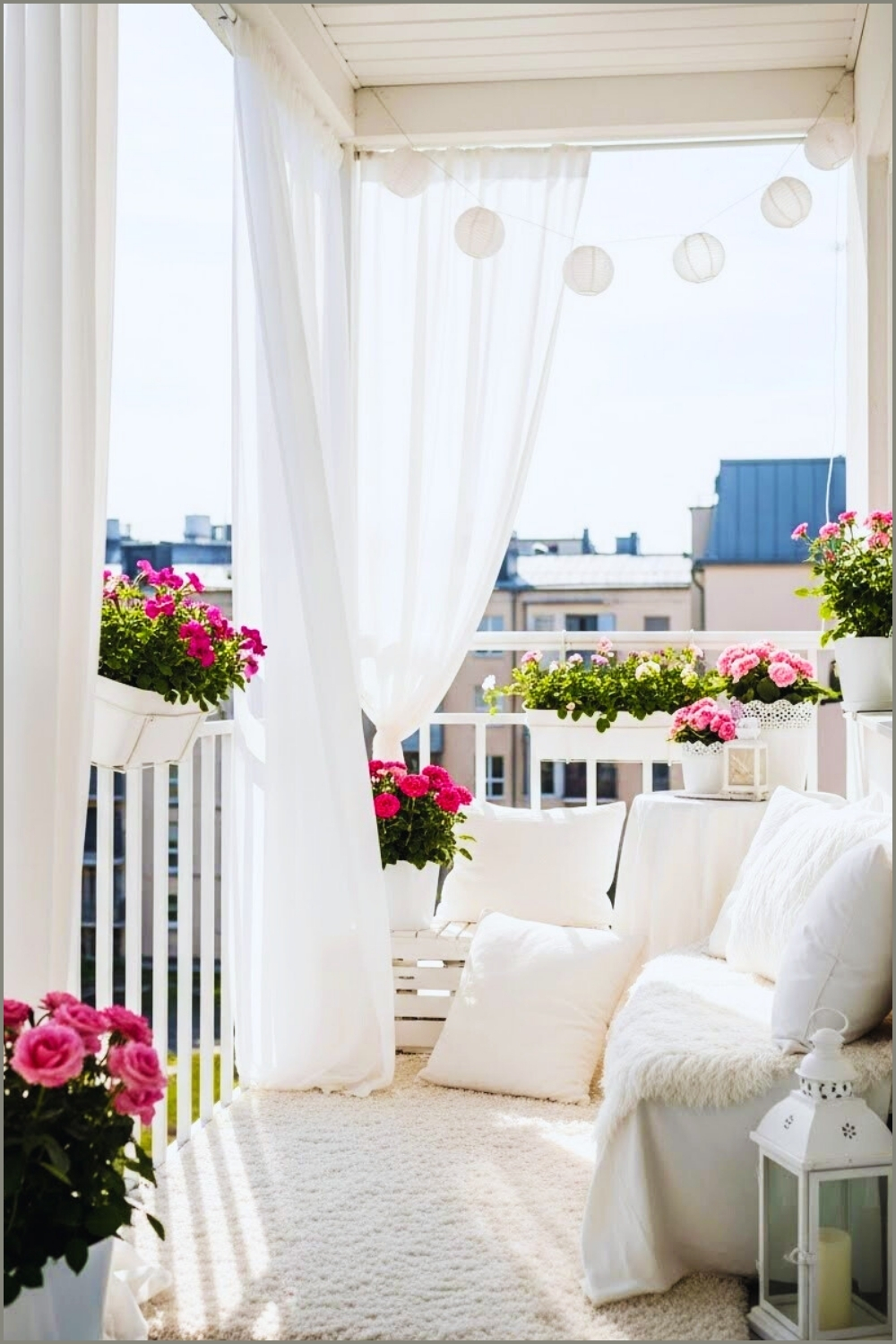 Cozy White Balcony With Sheer Curtains Fluffy Rug White Seating