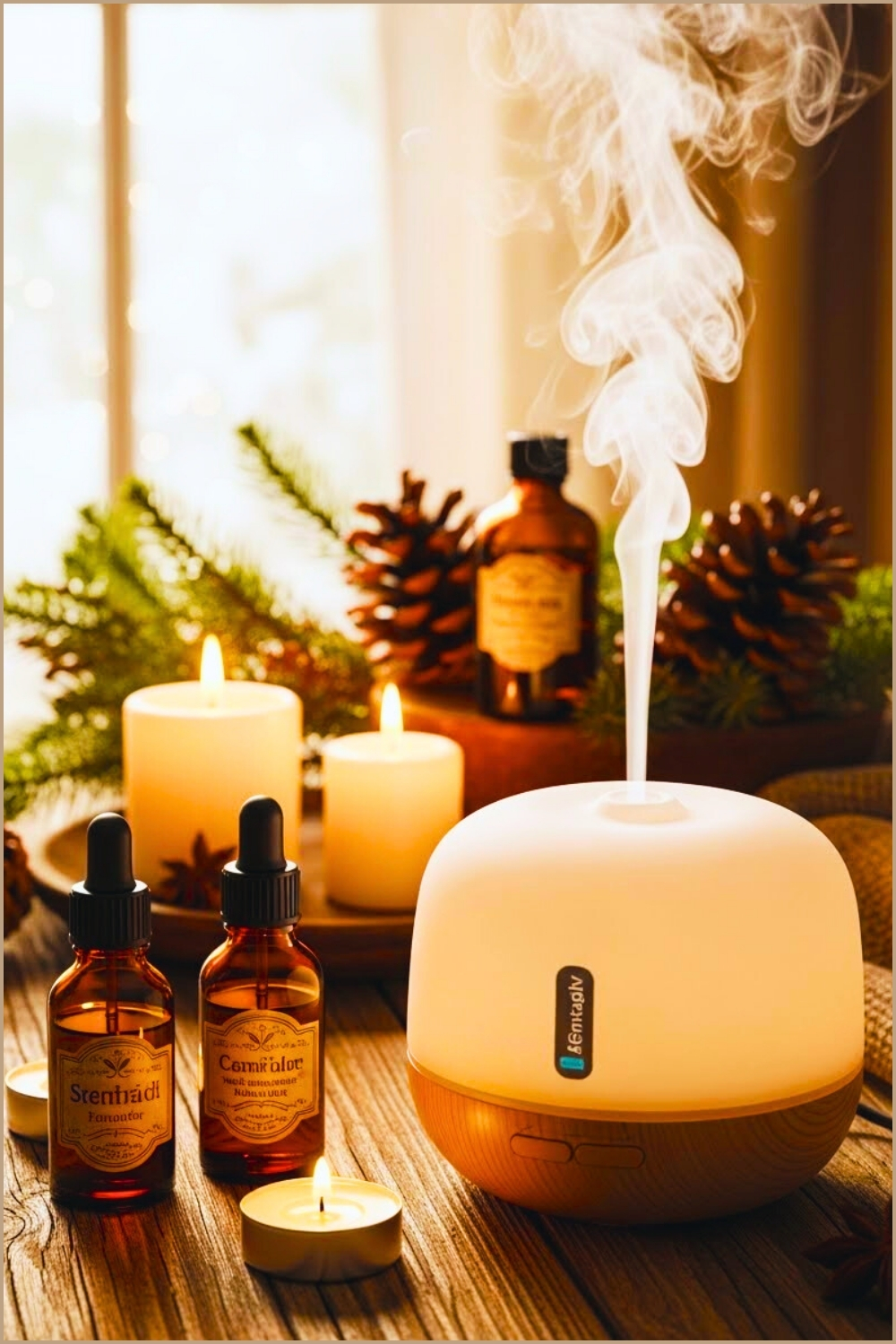 Cozy Winter Aromatherapy Setup On A Rustic Wooden Table