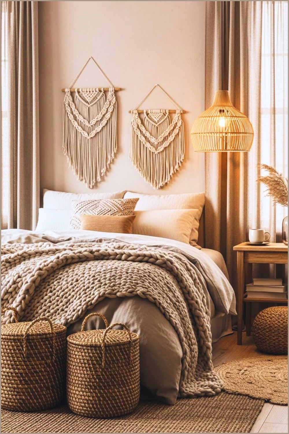 Cozy Winter Bedroom Featuring Woven And Natural Textures