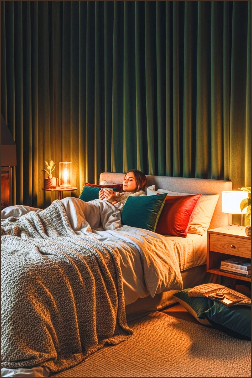 Cozy Winter Bedroom Interior With Heavy Dark Green