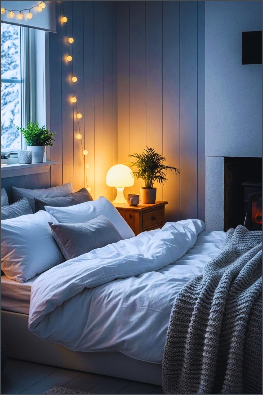 Cozy Winter Bedroom Interior With Soft Blue Walls