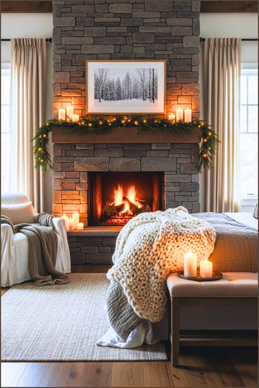 Cozy Winter Bedroom With A Stone Fireplace As The Focal Point