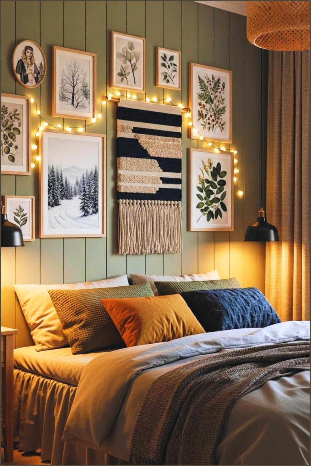 Cozy Winter Bedroom With Layered Wall Decor Above The Bed