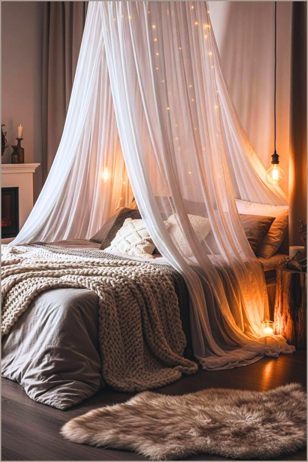 Cozy Winter Bedroom With Sheer Canopy Curtains Draped