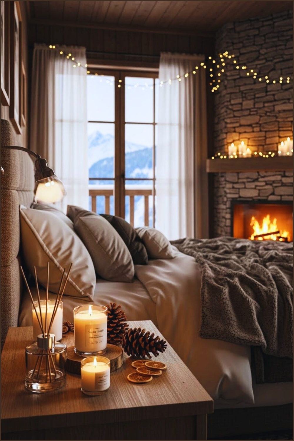 Cozy Winter Cabin Bedroom Interior With Warm