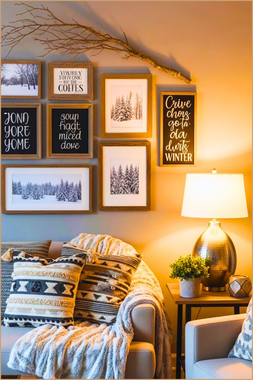 Cozy Winter Living Room With Gray Wall Gallery Featuring