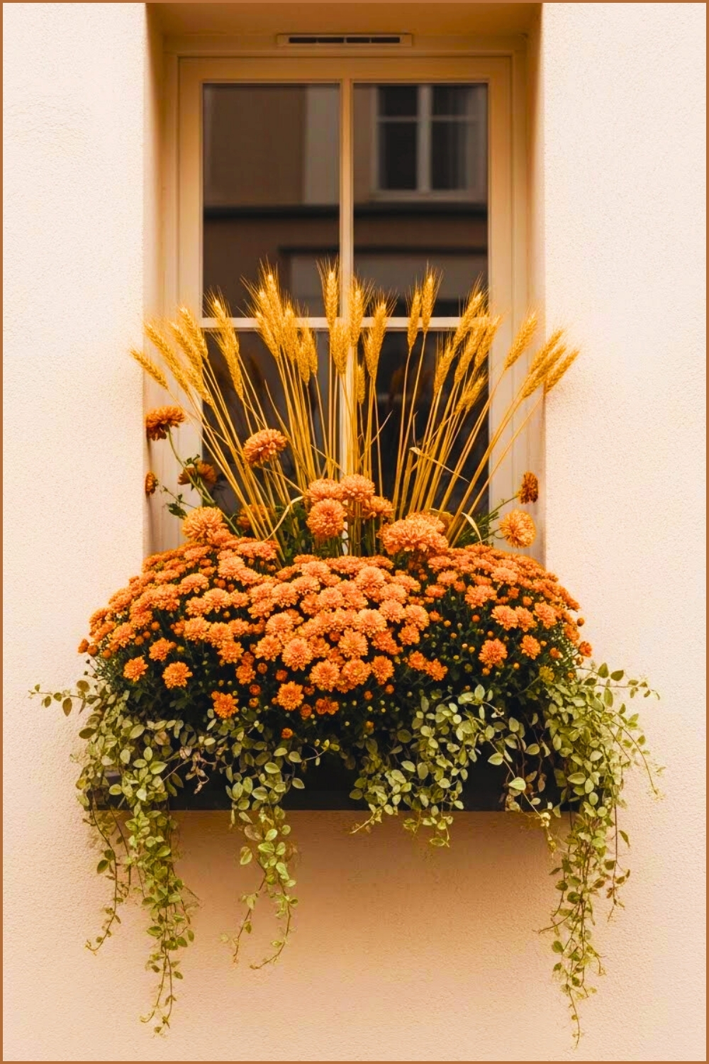 Cream Neutral Wall With Window Planter Full Of Soft Orange Mums