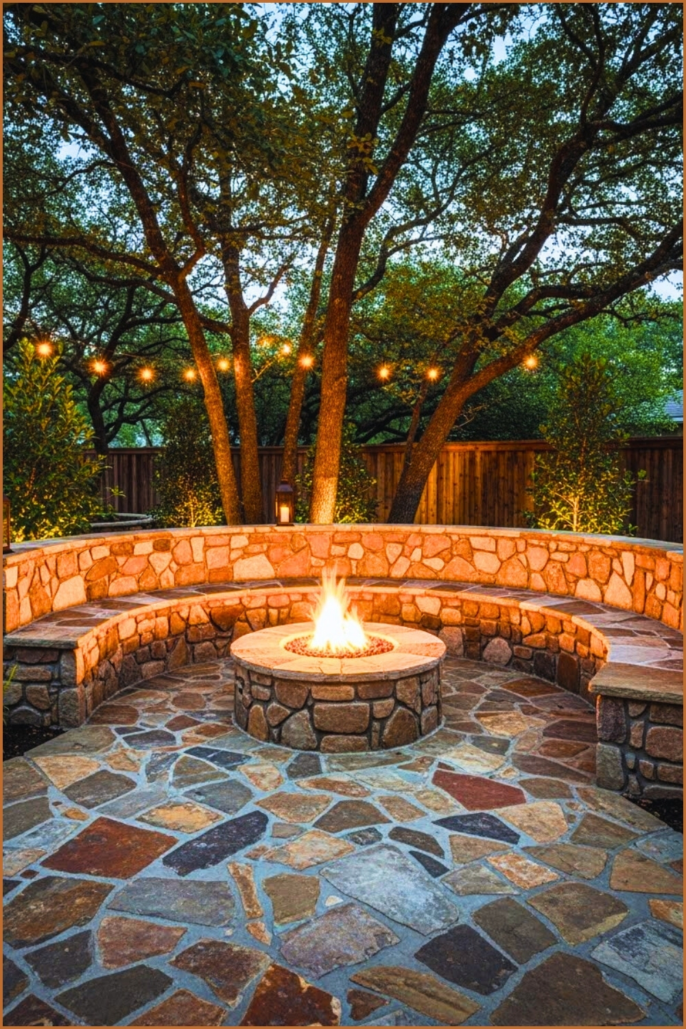 Curved Stone Seating Wall Around Firepit Mixed Stone Flooring