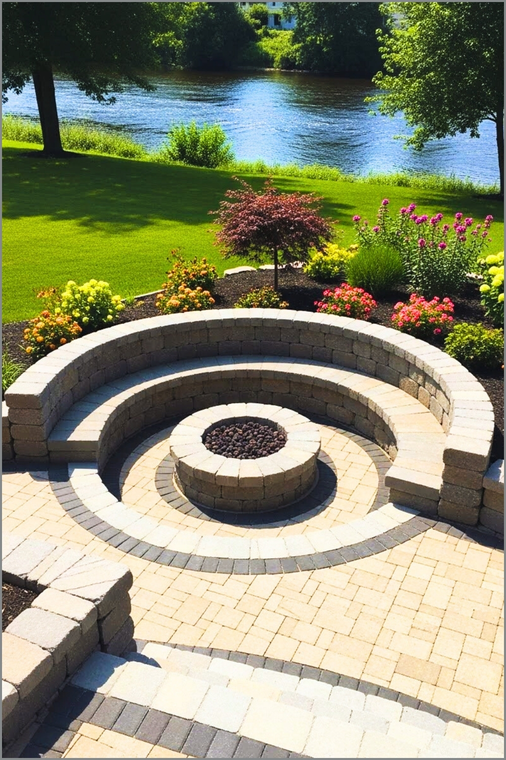 Curved Sunken Stone Firepit Area Circular Seating Wall