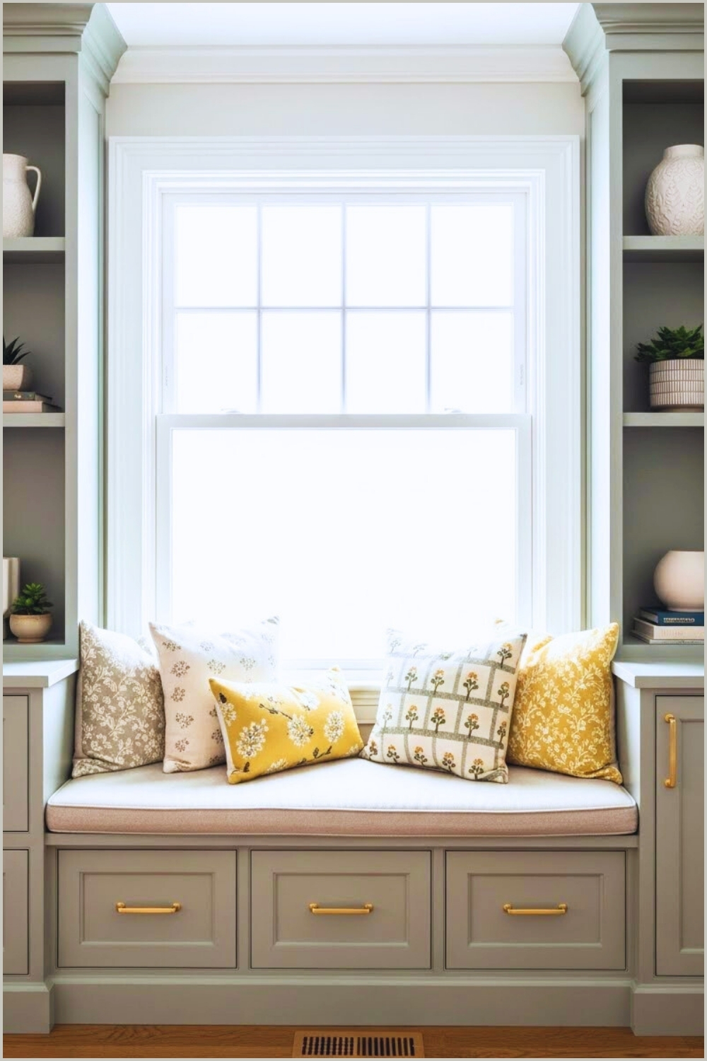 Custom Built In Window Seat With Sage Green Cabinetry