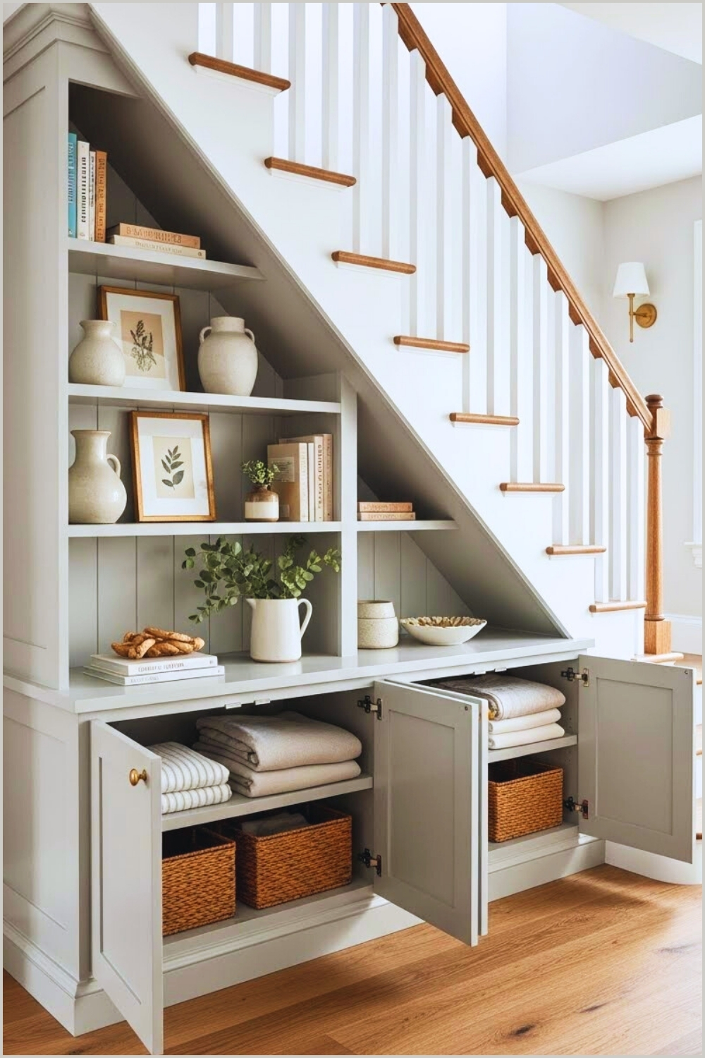 Custom Under Stair Cabinetry With Built In Shelves And Closed