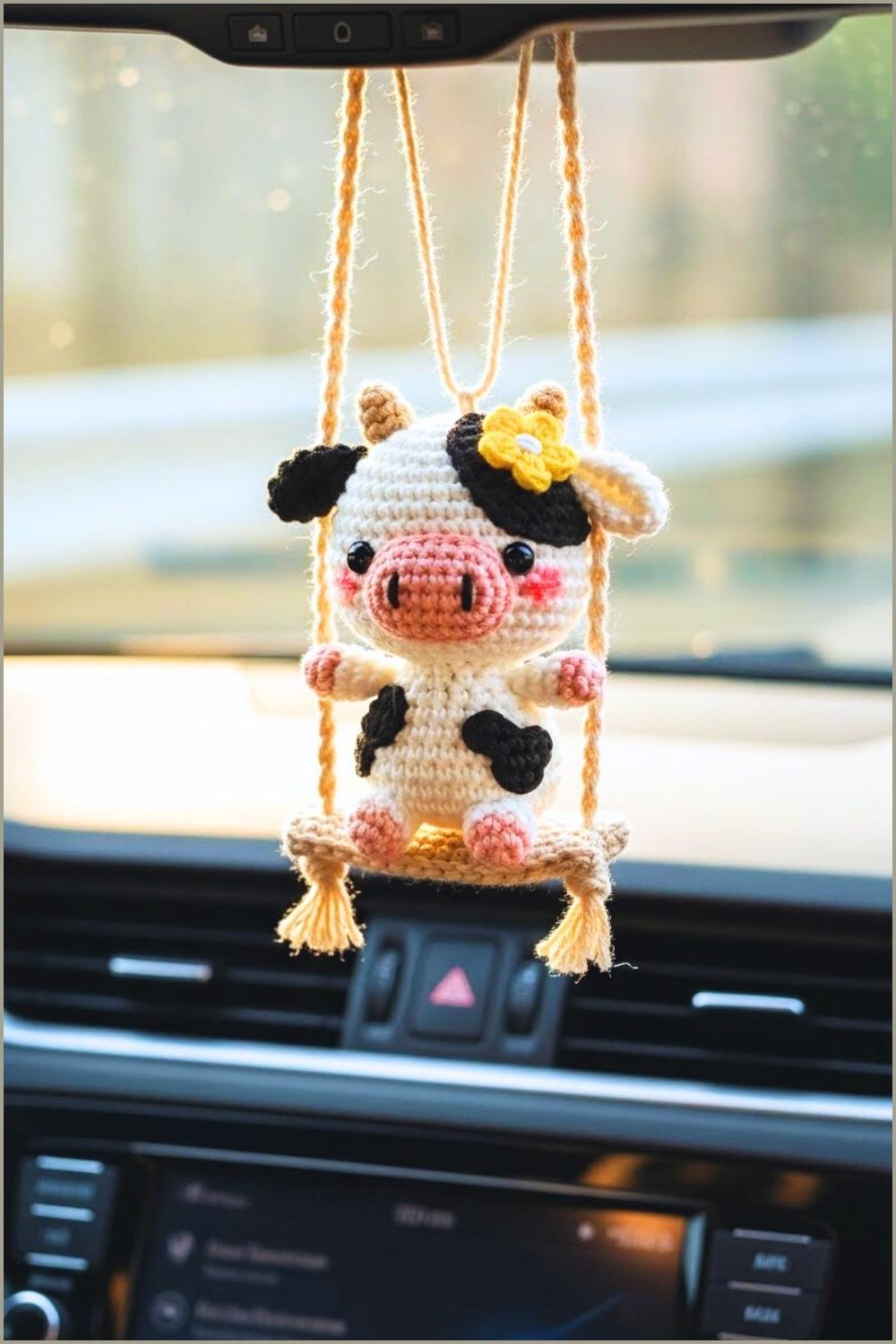 Cute Crochet Cow Hanging Car Charm With Pink Cheeks