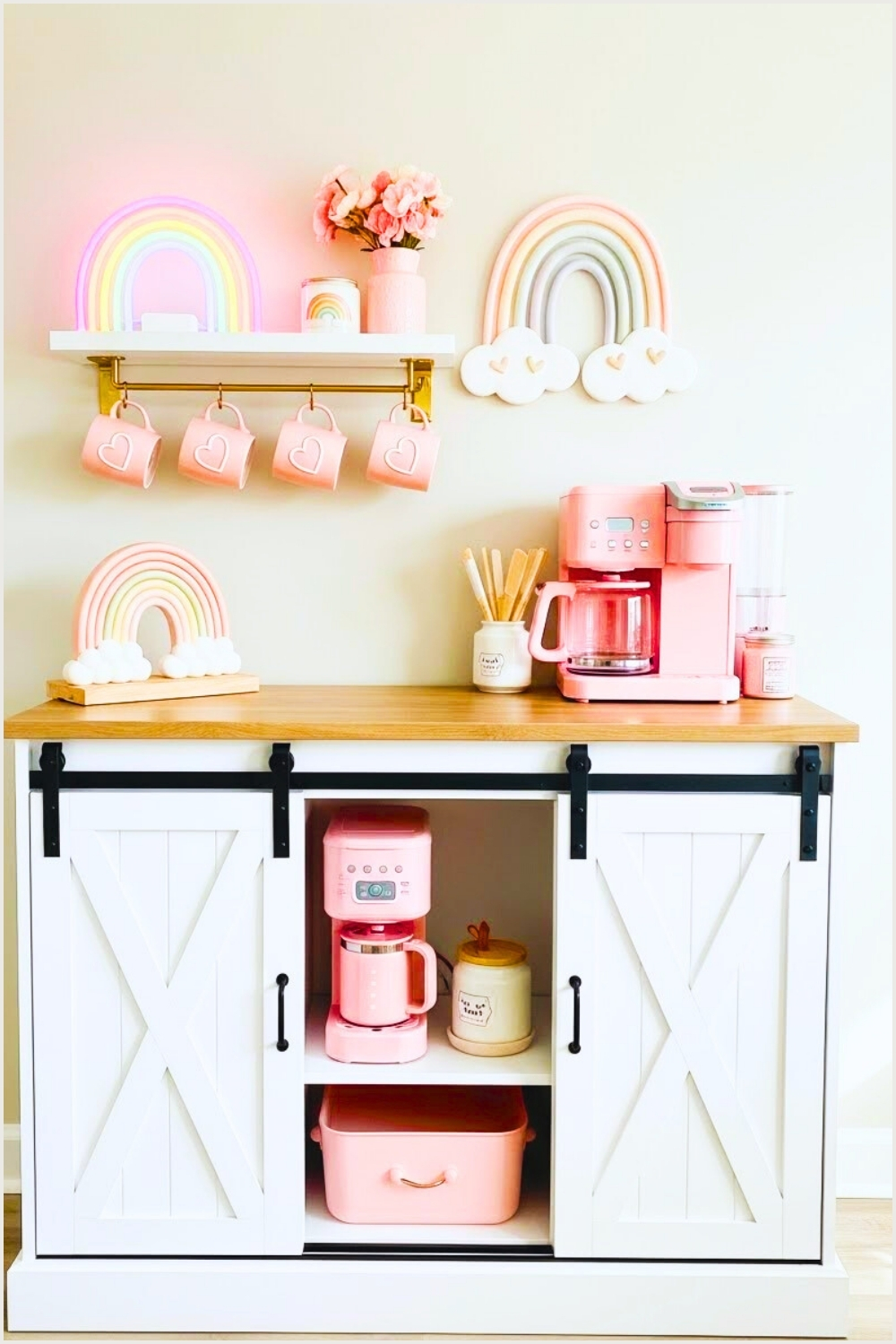 Cute Pastel Coffee Bar Station With White Farmhouse Cabinet