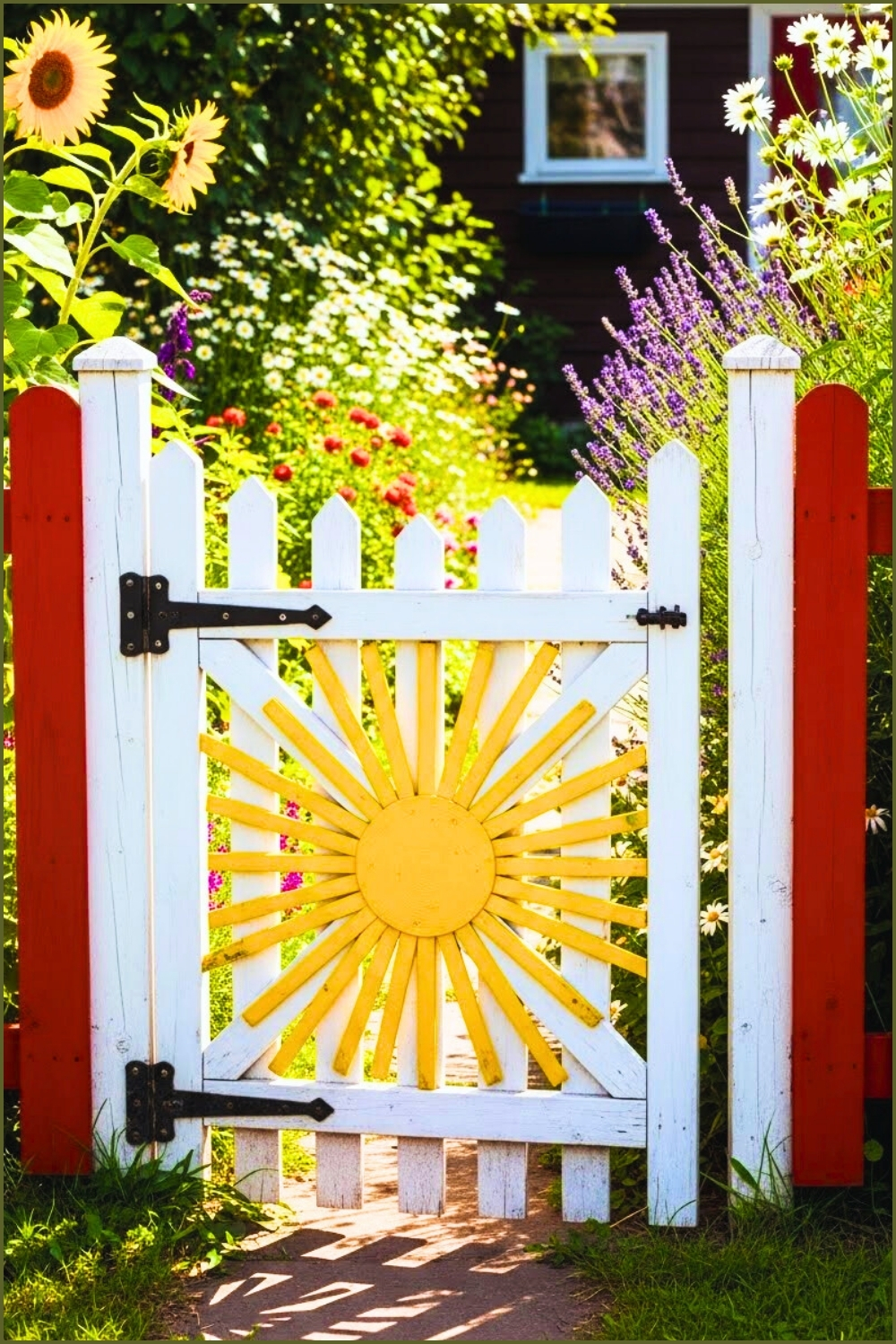 Cute White Picket Garden Gate With Bold Yellow Sunburst