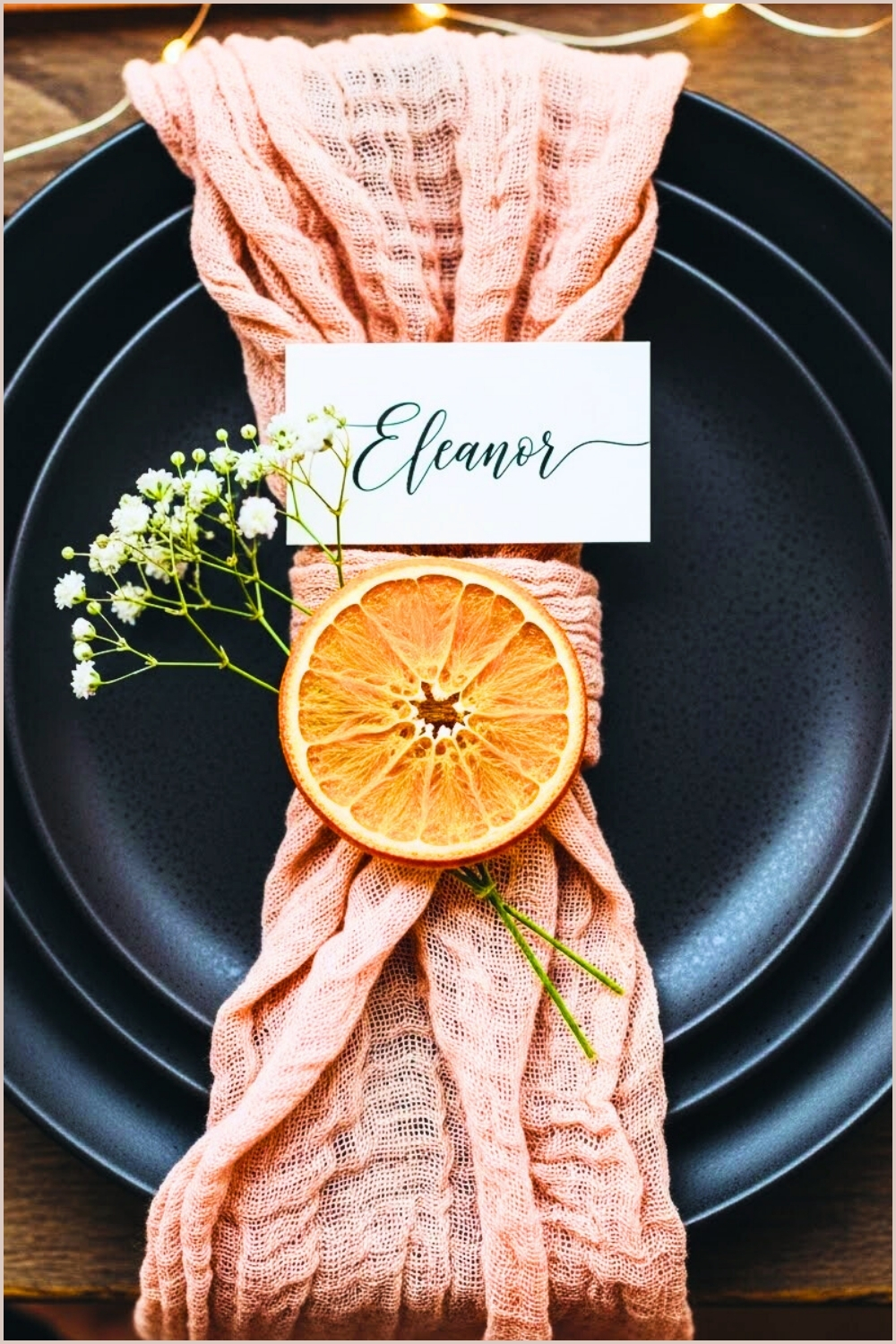Dark Ceramic Plates, Blush Gauze Napkin Dried Orange Slice
