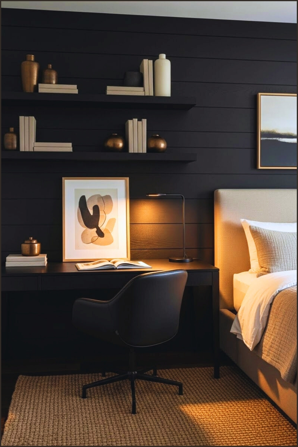 Dark Moody Bedroom Workspace With Black Wood