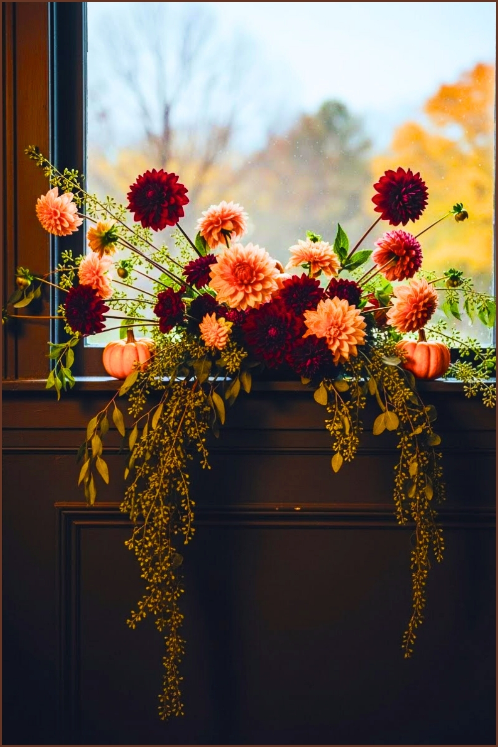 Dark Painted Window Frame With Dramatic Fall Flower
