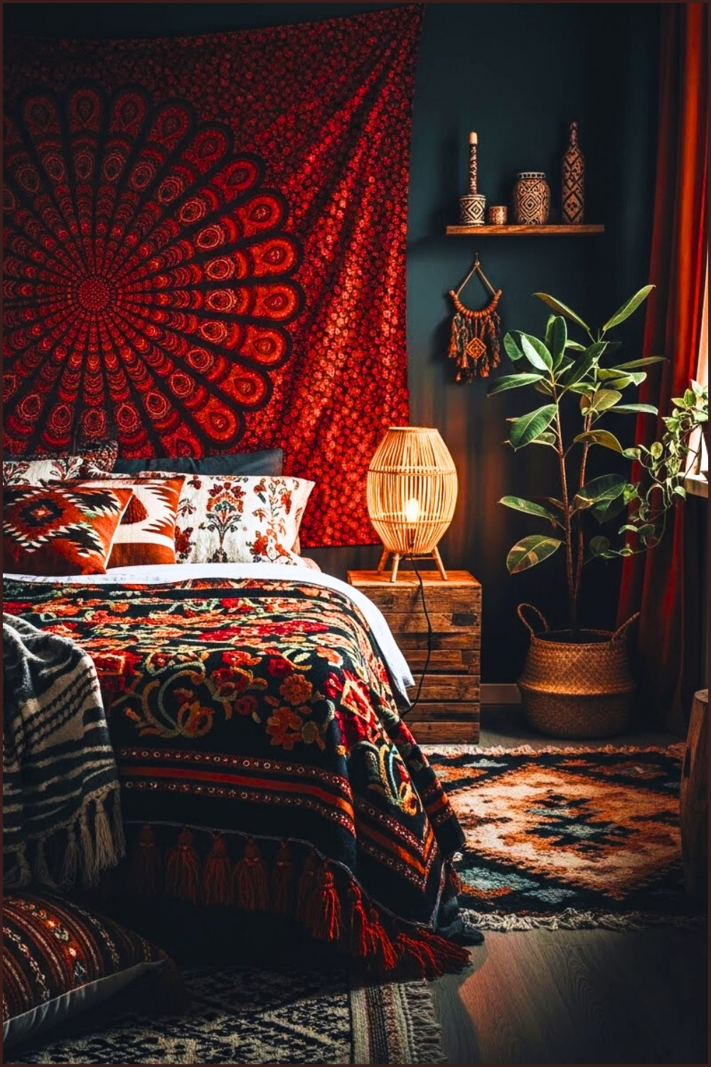 Deep Dark Bohemian Bedroom Red Mandala Wall Tapestry