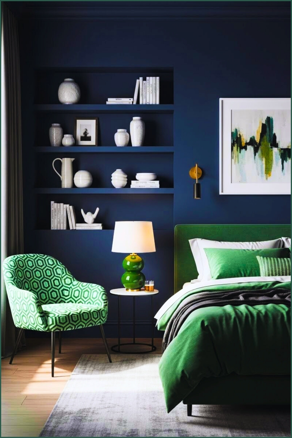 Deep Navy Blue Bedroom With Emerald Bedding