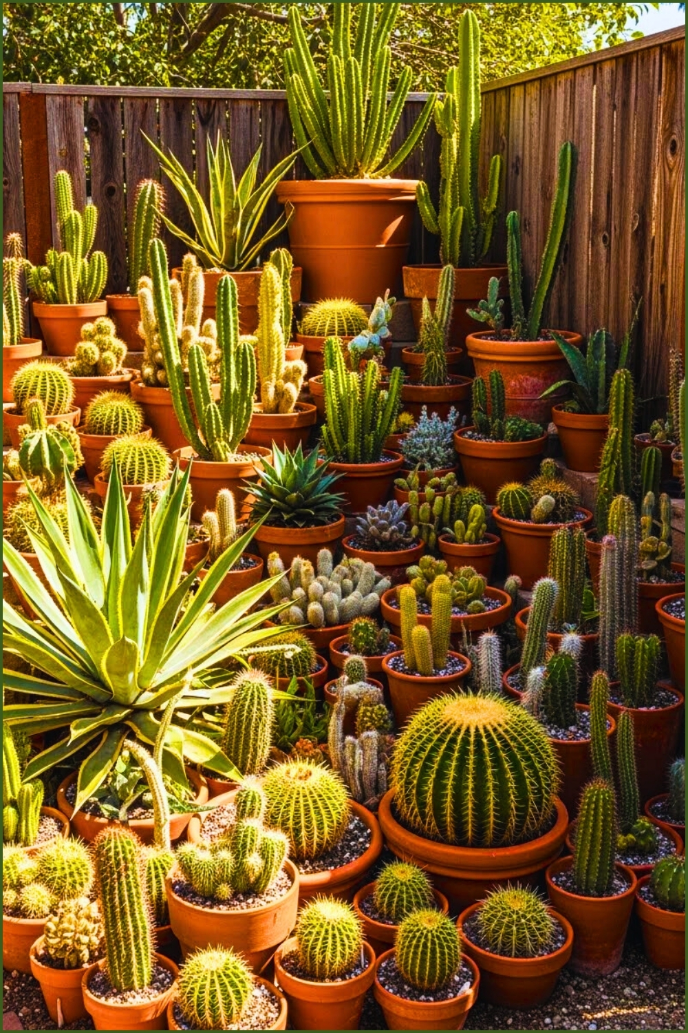 Dense Cactus And Succulent Garden Terracotta Pots Arranged