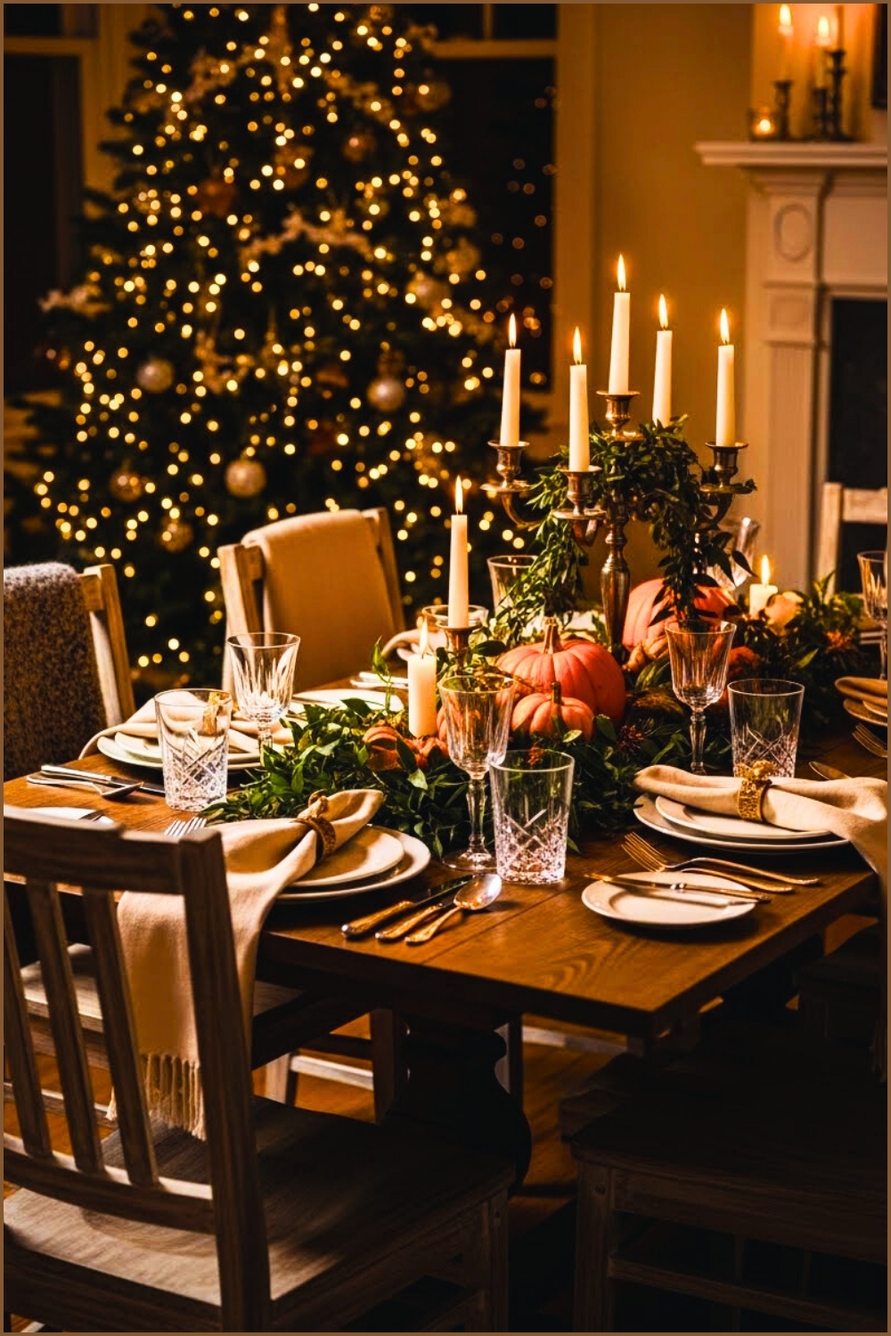 Dining Table Set For Thanksgiving Near Decorated Christmas Tree